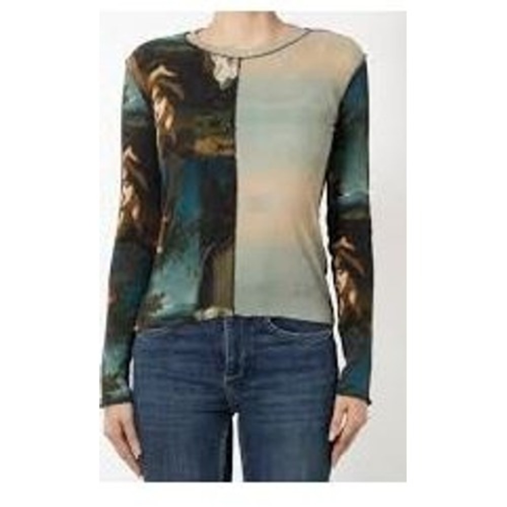 Desigual Size Medium Tee Tan Black Graphics Crew Neck Cherubs Slim Fit Artsy‎